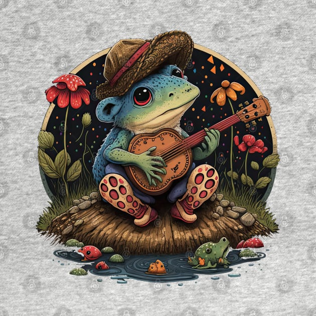 Cottagecore aesthetic cute frog playing ukelele on Mushroom by JayD World